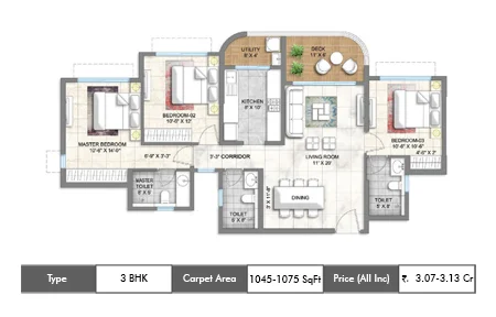 3 BHK 1045-1075 SqFt